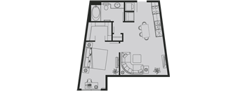 A floor plan of a house with a kitchen, living room, and bathroom.
