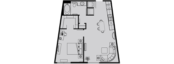 A floor plan of a house with a kitchen, living room, and bathroom.