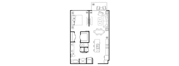 A floor plan of a house with a kitchen, living room, dining room, and bathroom.