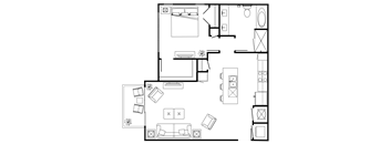 A floor plan of a house with a kitchen, living room, and bathroom.