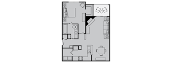 A floor plan of a house with a kitchen, living room, and two bedrooms.