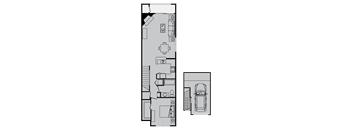 A floor plan of a house with a garage and a car.
