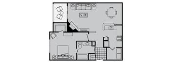 A black and white floor plan of a house with a kitchen, living room, and bathroom.