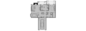A floor plan of a house with a garage and a car.