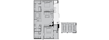 A floor plan of a house with a garage and a car.