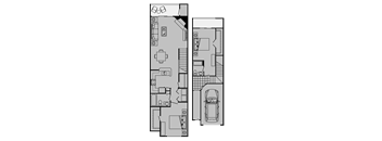 A floor plan of a house with a garage and a car.