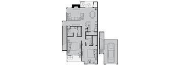 A floor plan of a house with a garage and a car.
