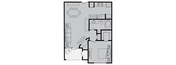 A floor plan of a house with a kitchen, living room, and bathrooms.