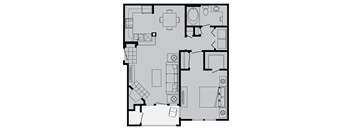 A floor plan of a house with a kitchen, living room, and bathroom.