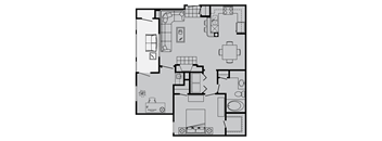 A floor plan of a house with a kitchen, living room, and bathroom.
