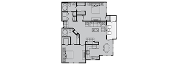 A floor plan of a house with a kitchen, living room, and bathrooms.