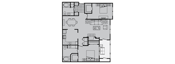 A floor plan of a house with a kitchen, living room, and bathrooms.