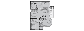 A floor plan of a house with a kitchen, living room, and two bedrooms.