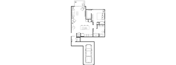 A floor plan of a house with a garage and a car.