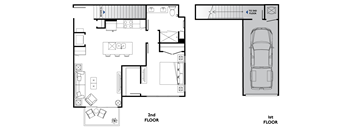 A floor plan of a two-story house with a garage.