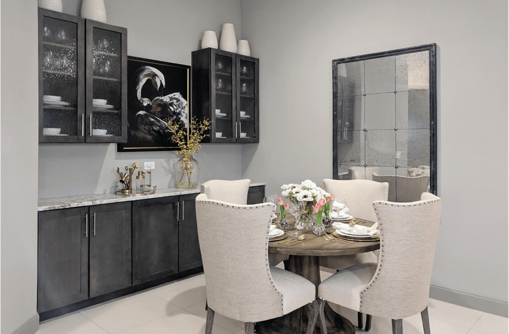 Luxury apartments with spacious dining room, built-in buffet with granite slab tops and 11-foot ceiling at Le Palais Apartments in Houston.