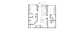 A black and white floor plan of a house with various rooms and furniture.