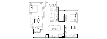 A black and white floor plan of a house with various rooms and furniture.