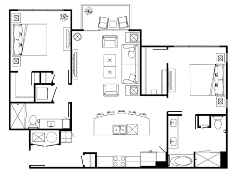 A black and white floor plan of a house with various rooms and furniture.