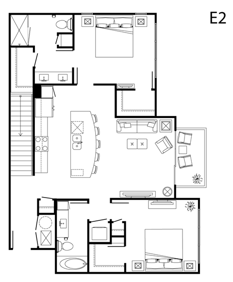 A black and white image of a floor plan labeled E2.