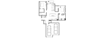 A black and white floor plan of a house with two cars.