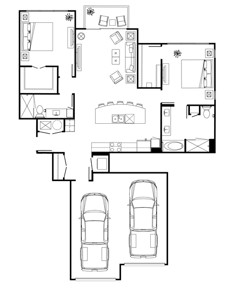 A black and white floor plan of a house with two cars.