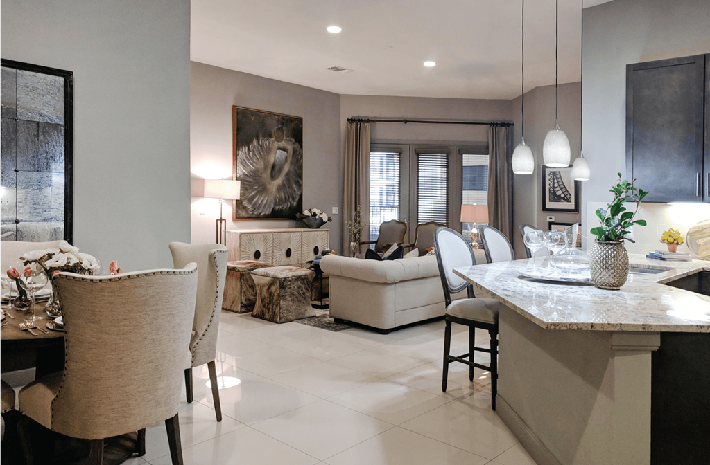Luxury apartments with spacious floor plans, granite countertops, built-in buffets with granite slab tops and 11-foot ceiling at Le Palais Apartments in Houston.