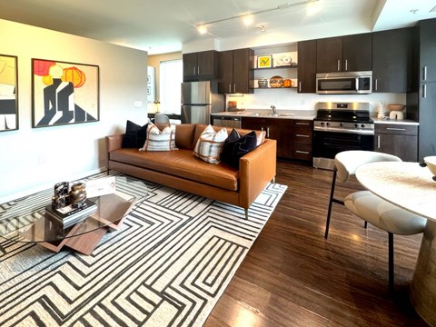 A living room with a brown couch and a black and white rug.