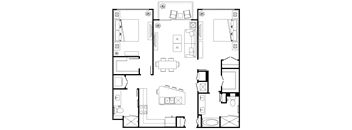 A black and white floor plan of a house with various rooms and furniture.