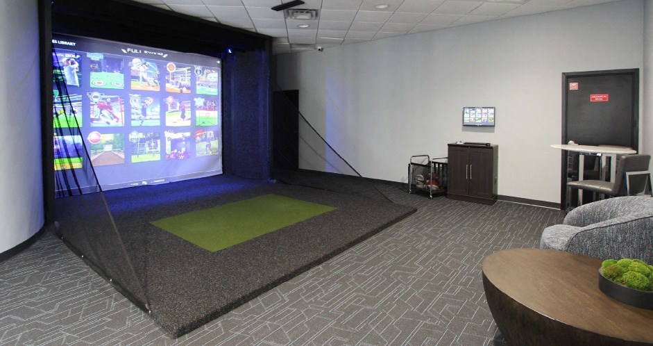 A room with a screen and a green carpet.