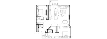 A floor plan of a house with a kitchen, living room, and bathroom.