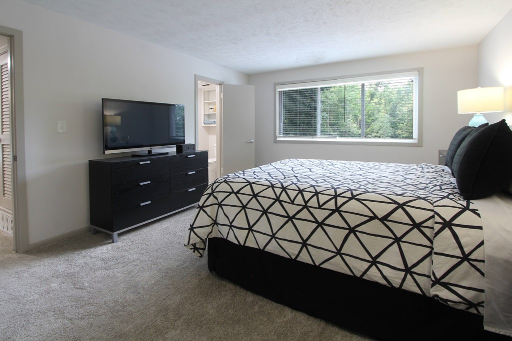 A bedroom with a bed, dresser, and television.