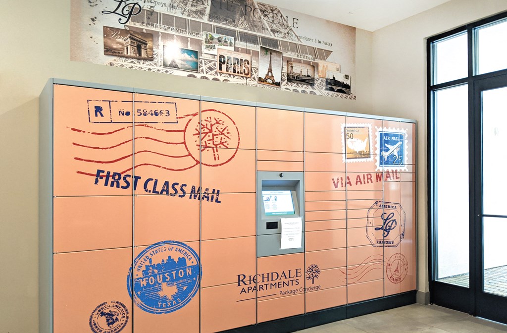 Package lockers at Le Palais Apartments in Houston.