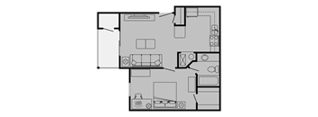 A floor plan of a house with a kitchen, living room, and two bedrooms.