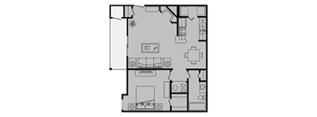 A floor plan of a house with a kitchen, living room, and dining area.