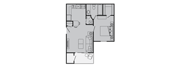 A floor plan of a house with a kitchen, living room, and bathroom.