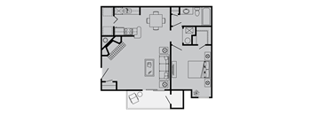 A black and white floor plan of a house with a kitchen, living room, and bathroom.