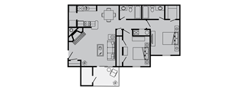 A black and white floor plan of a house with a kitchen, living room, and bathroom.