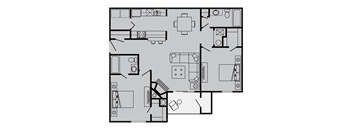A black and white floor plan of a house with a kitchen, living room, and bathrooms.