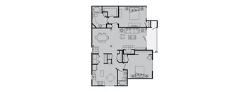 A floor plan of a house with a kitchen, living room, and two bedrooms.