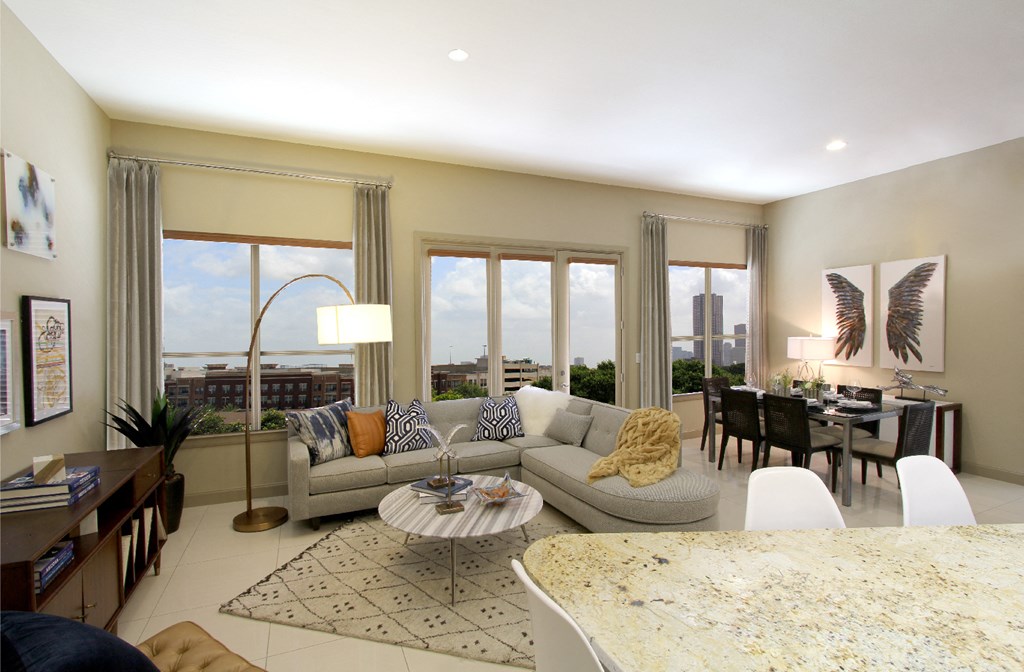 Luxury apartments with spacious living room with 10-foot ceiling and spectacular views