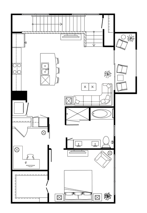 A black and white floor plan of a house with various rooms and furniture.