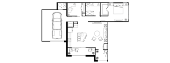 A black and white floor plan of a house with a car parked in the garage.