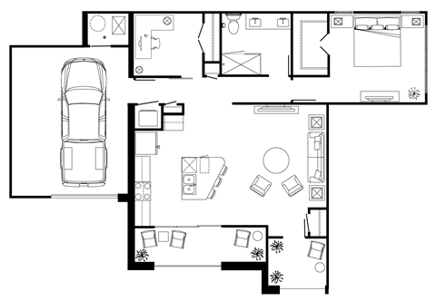 A black and white floor plan of a house with a car parked in the garage.