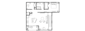 A black and white floor plan of a house with a kitchen, living room, dining room, and bedrooms.