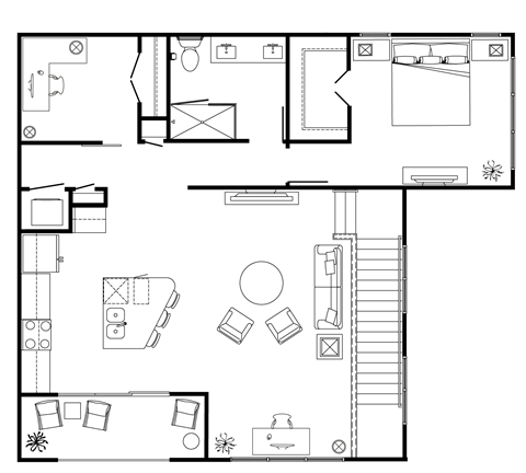 A black and white floor plan of a house with a kitchen, living room, dining room, and bedrooms.