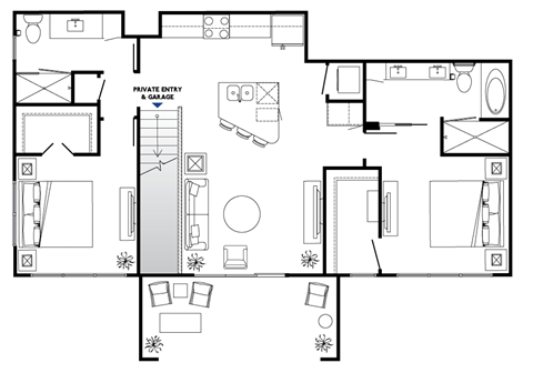 A floor plan of a house with a private entry and garage.