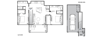 A floor plan of a two-story house with a garage.