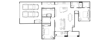 A floor plan of a house with two parking spaces.