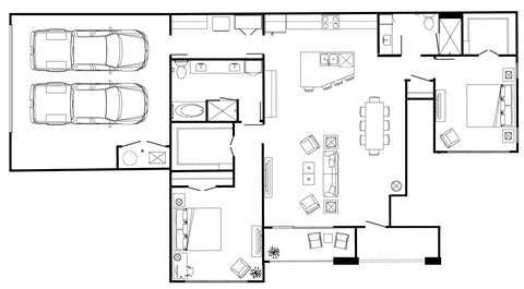A floor plan of a house with two parking spaces.
